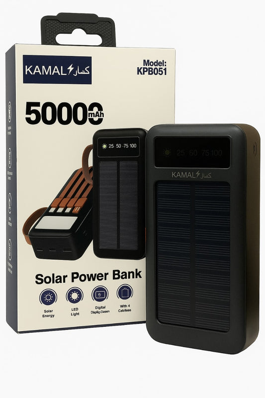 50000mAh Solar Power Bank – Fast Charging Portable Charger with LED Light & Built-in Cables | Type-C, Lightning, USB | Made in Dubai