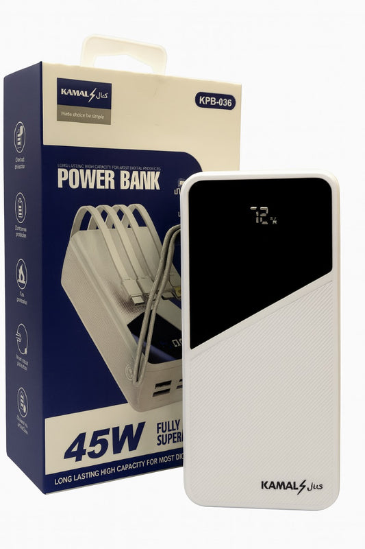 30000mAh 45W Super Fast Charging Power Bank | Built-in Cables | LED Display | Type-C, Lightning & Micro Compatible