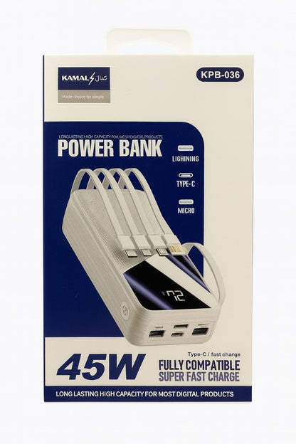 30000mAh 45W Super Fast Charging Power Bank | Built-in Cables | LED Display | Type-C, Lightning & Micro Compatible