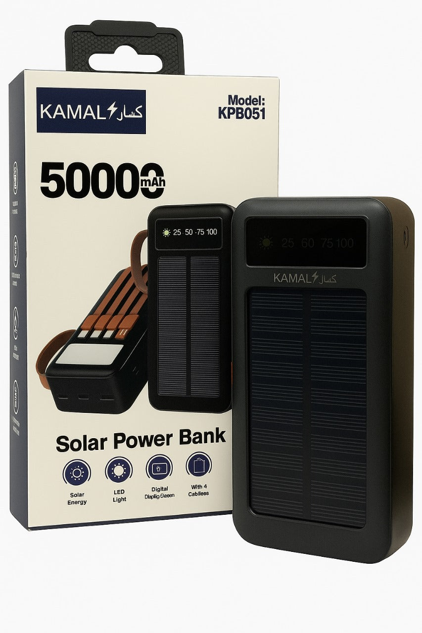 50000mAh Solar Power Bank – Fast Charging Portable Charger with LED Light & Built-in Cables | Type-C, Lightning, USB | Made in Dubai