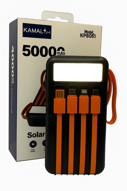 50000mAh Solar Power Bank – Fast Charging Portable Charger with LED Light & Built-in Cables | Type-C, Lightning, USB | Made in Dubai