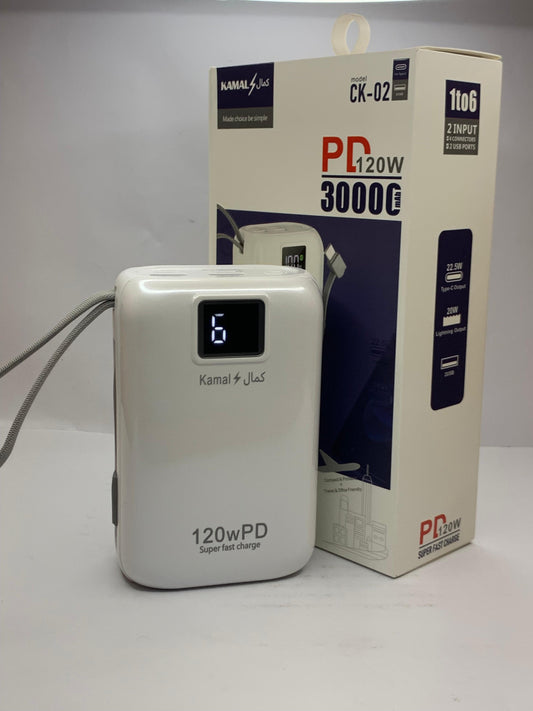 KAMAL CK-02 Power Bank 30000mAh | 120W PD Super Fast Charging | Digital Display | All-in-One Power Bank