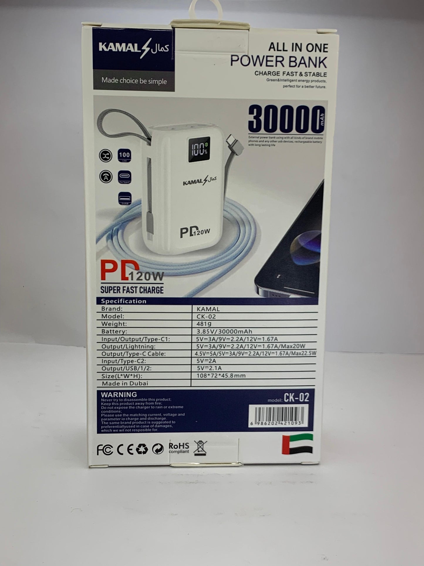 KAMAL CK-02 Power Bank 30000mAh | 120W PD Super Fast Charging | Digital Display | All-in-One Power Bank