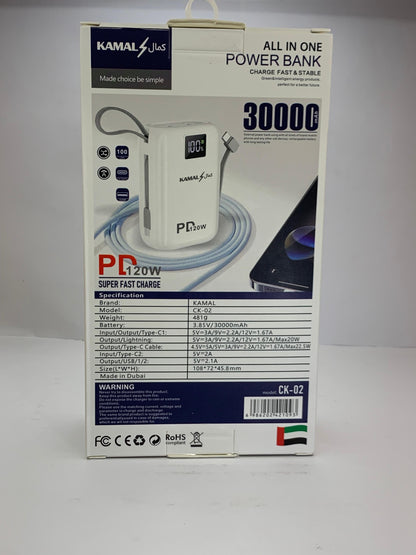 KAMAL CK-02 Power Bank 30000mAh | 120W PD Super Fast Charging | Digital Display | All-in-One Power Bank