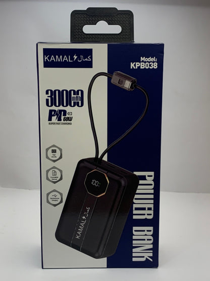 KAMAL KPB038 30000mAh Power Bank – 68W PD Super Fast Charging, Type-C & USB-A, Built-in Cable, Digital Display