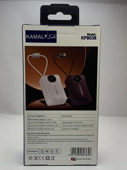 KAMAL KPB038 30000mAh Power Bank – 68W PD Super Fast Charging, Type-C & USB-A, Built-in Cable, Digital Display