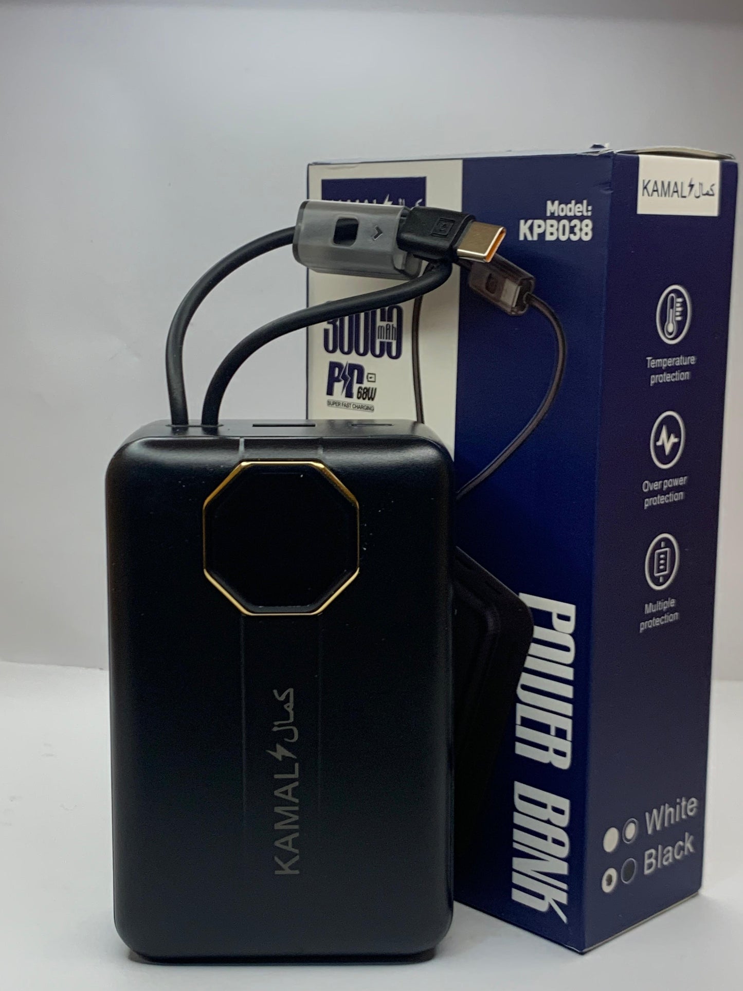 KAMAL KPB038 30000mAh Power Bank – 68W PD Super Fast Charging, Type-C & USB-A, Built-in Cable, Digital Display