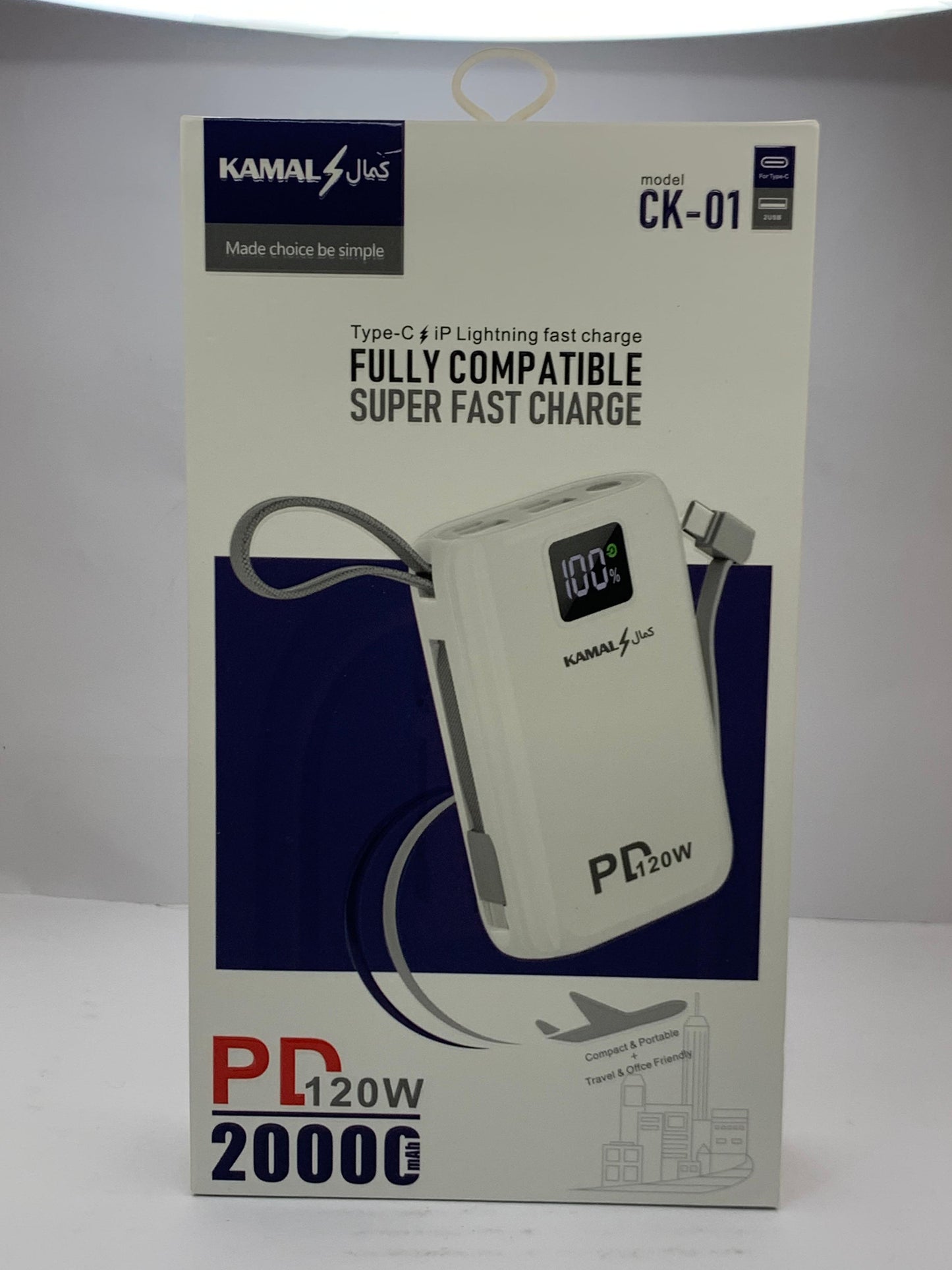 KAMAL 20000mAh Power Bank 120W PD Super Fast Charging – Type-C & iPhone Cable, LED Display