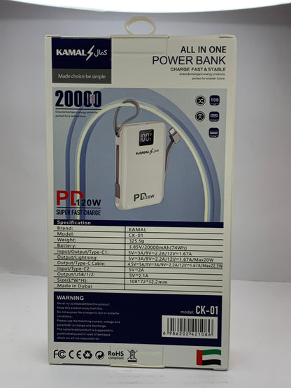 KAMAL 20000mAh Power Bank 120W PD Super Fast Charging – Type-C & iPhone Cable, LED Display