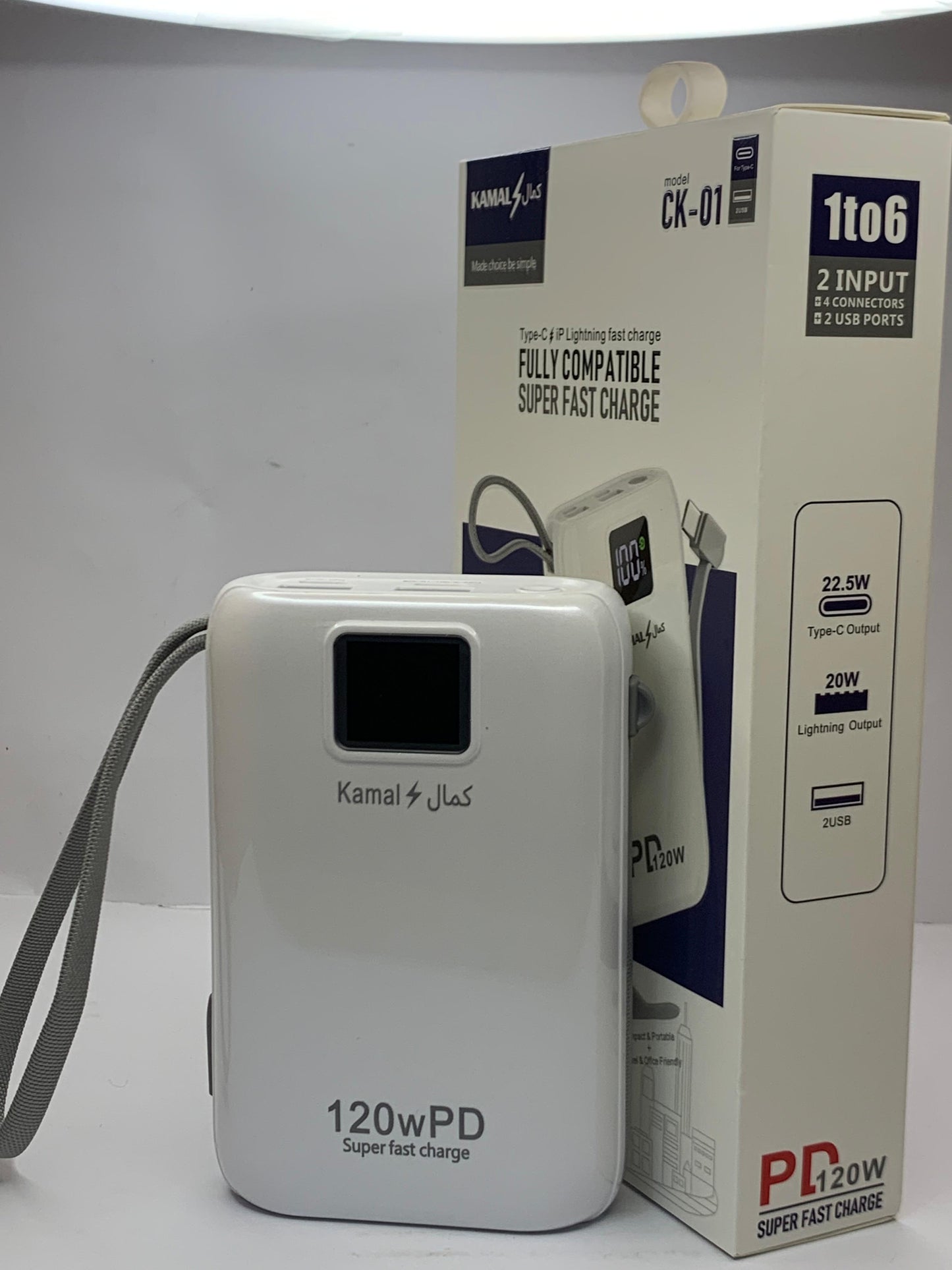 KAMAL 20000mAh Power Bank 120W PD Super Fast Charging – Type-C & iPhone Cable, LED Display