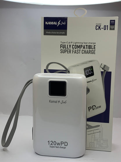 KAMAL 20000mAh Power Bank 120W PD Super Fast Charging – Type-C & iPhone Cable, LED Display
