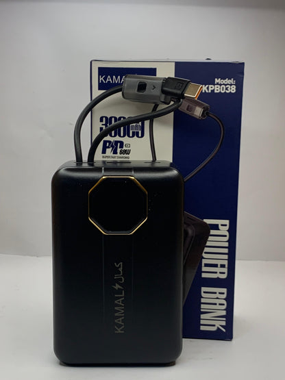 KAMAL KPB038 30000mAh Power Bank – 68W PD Super Fast Charging, Type-C & USB-A, Built-in Cable, Digital Display