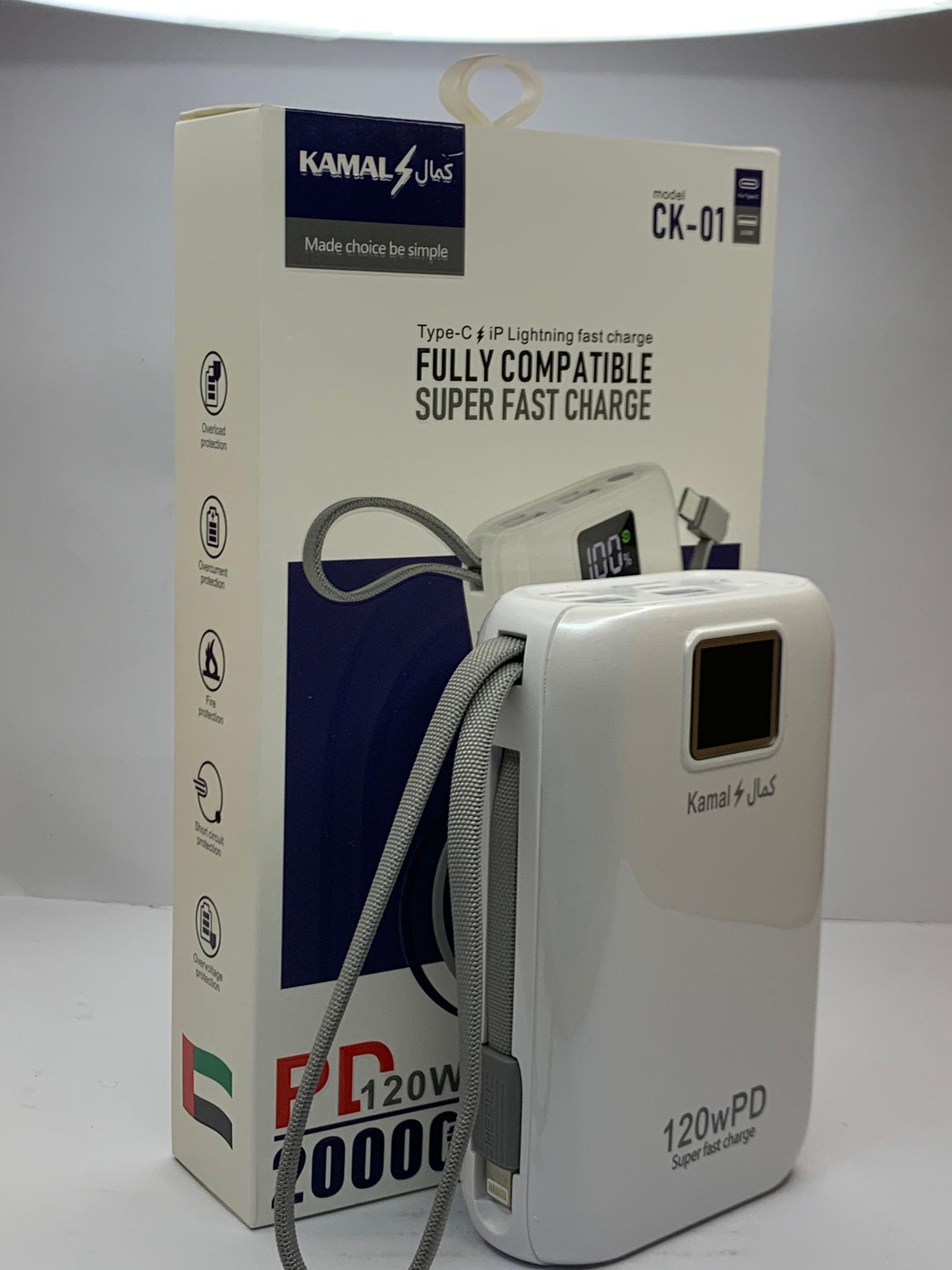 KAMAL 20000mAh Power Bank 120W PD Super Fast Charging – Type-C & iPhone Cable, LED Display