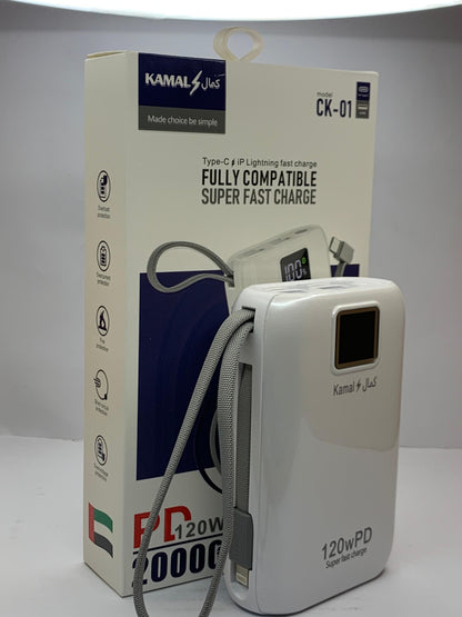 KAMAL 20000mAh Power Bank 120W PD Super Fast Charging – Type-C & iPhone Cable, LED Display