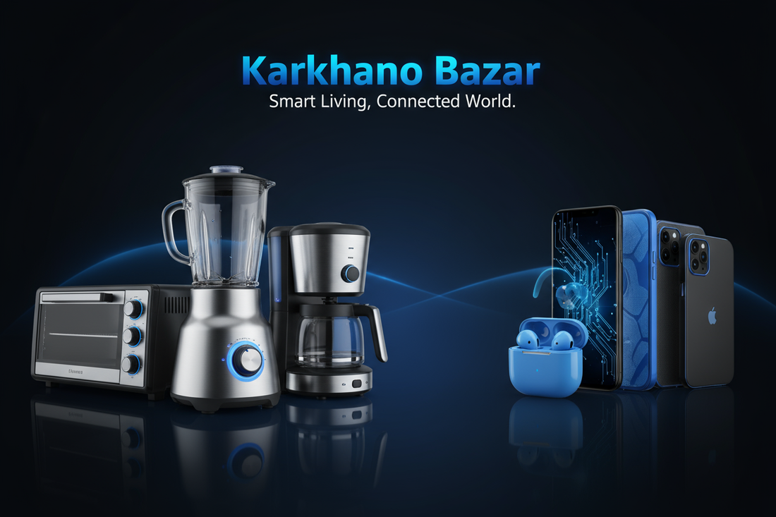 Create an Attractive image of Home appliance and mobile accessoriesa with black and blue design and add name Karkhano Bazar 